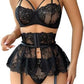 Women's 4 Piece Lingerie Set Floral Lace Mesh Cut Out Underwear Garter Teddy Babydoll Lingerie Set