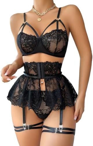 Women's 4 Piece Lingerie Set Floral Lace Mesh Cut Out Underwear Garter Teddy Babydoll Lingerie Set